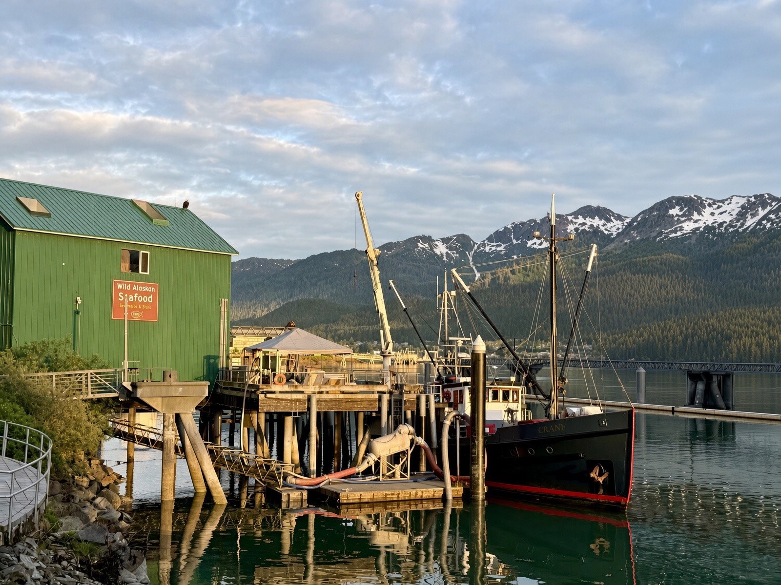 Crane at the Wild Alaskan Seafood dock in Juneau harbor, mountains behind