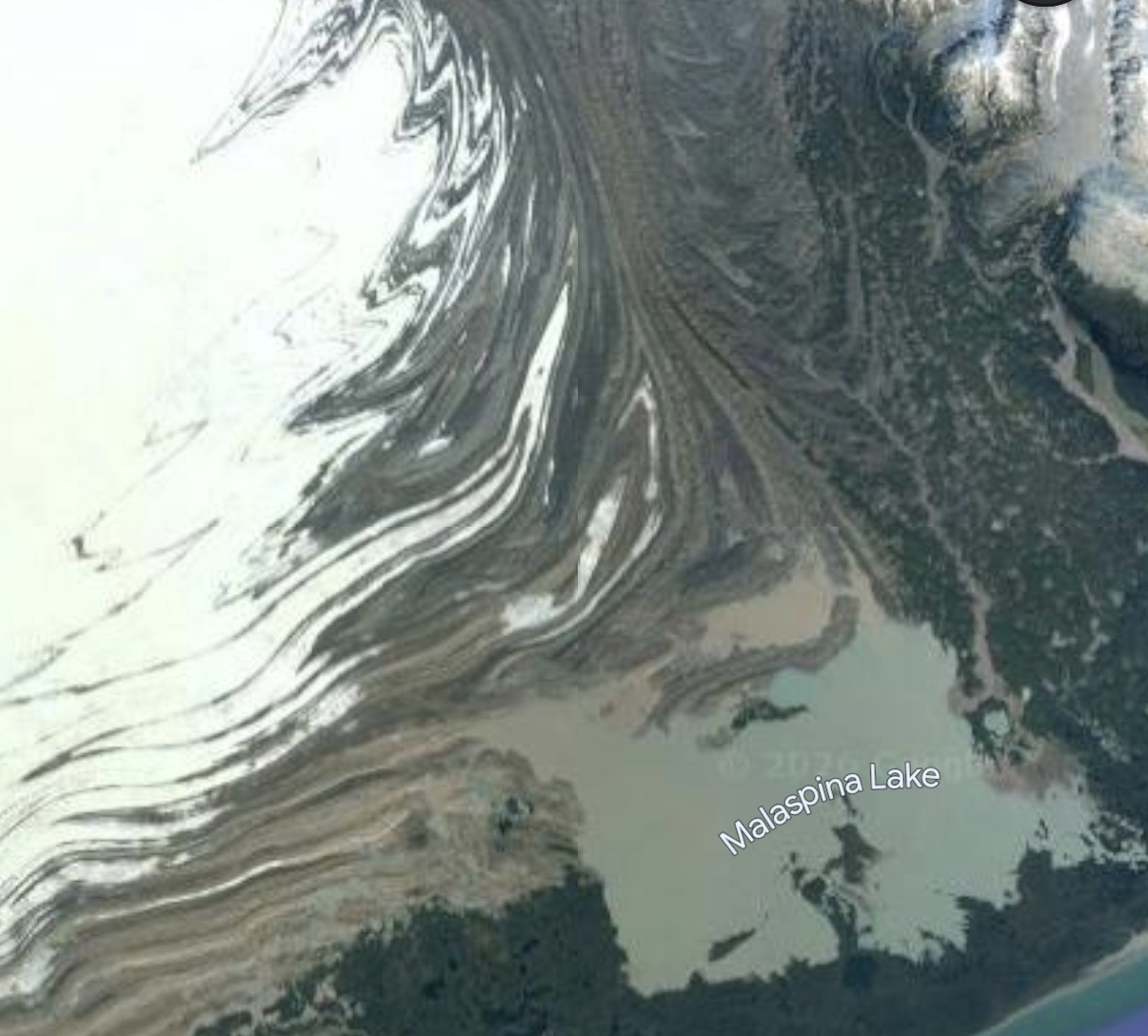 Satellite view of Malaspina Glacier and Malaspina Lake