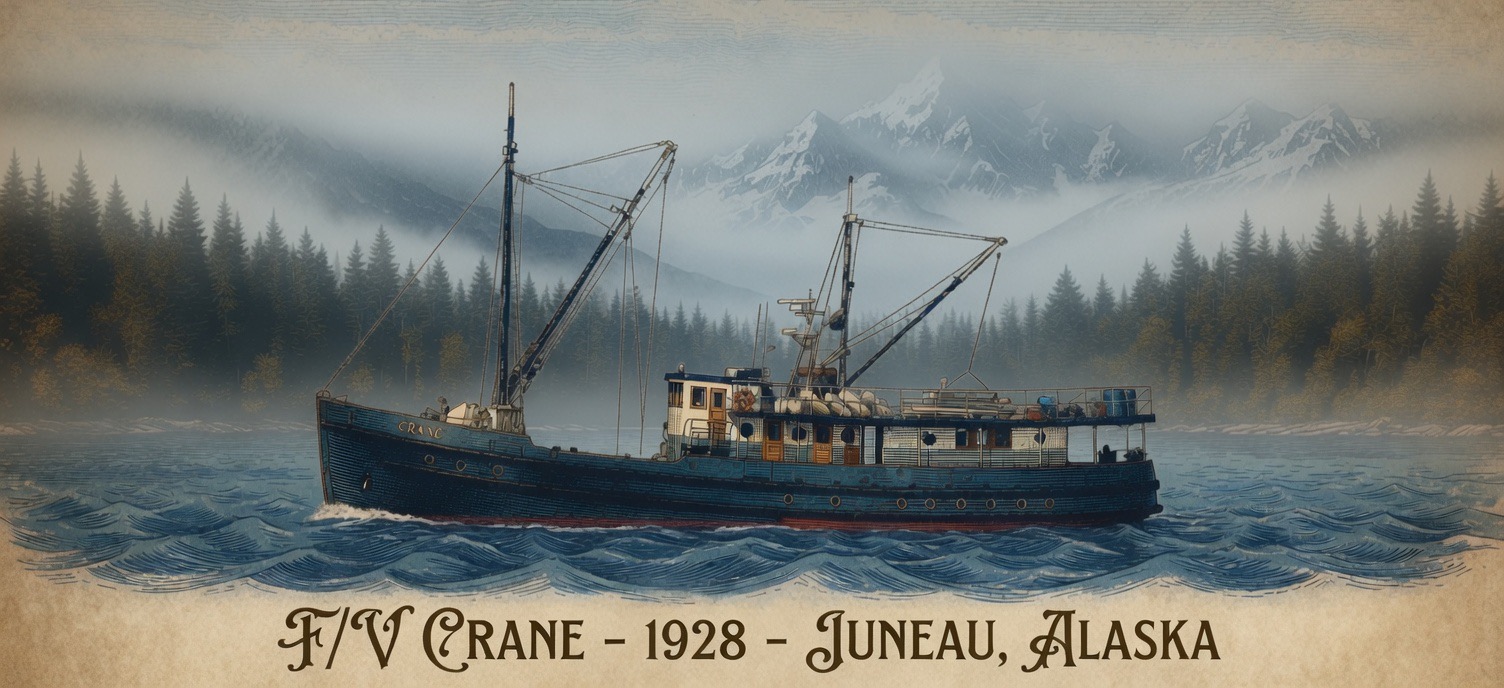 Vintage poster: F/V Crane, 1928, Juneau, Alaska