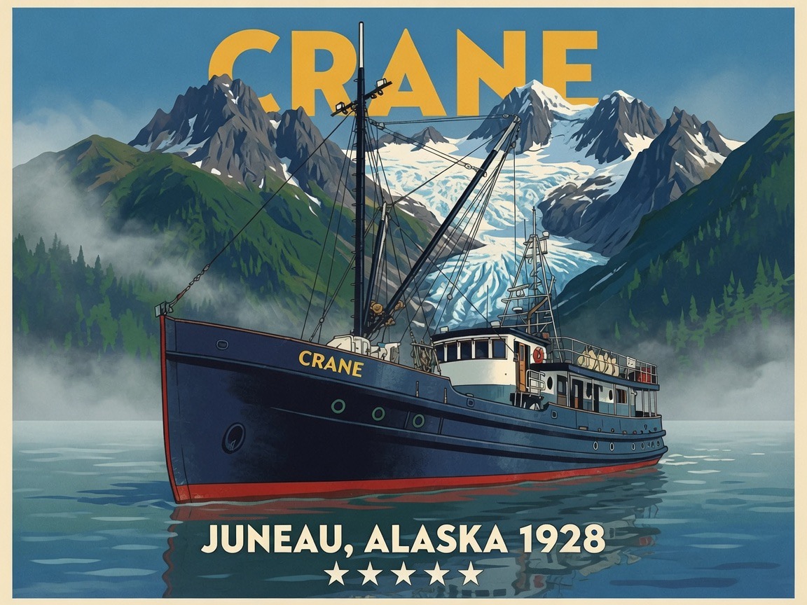 Travel-poster illustration: Crane, Juneau Alaska 1928