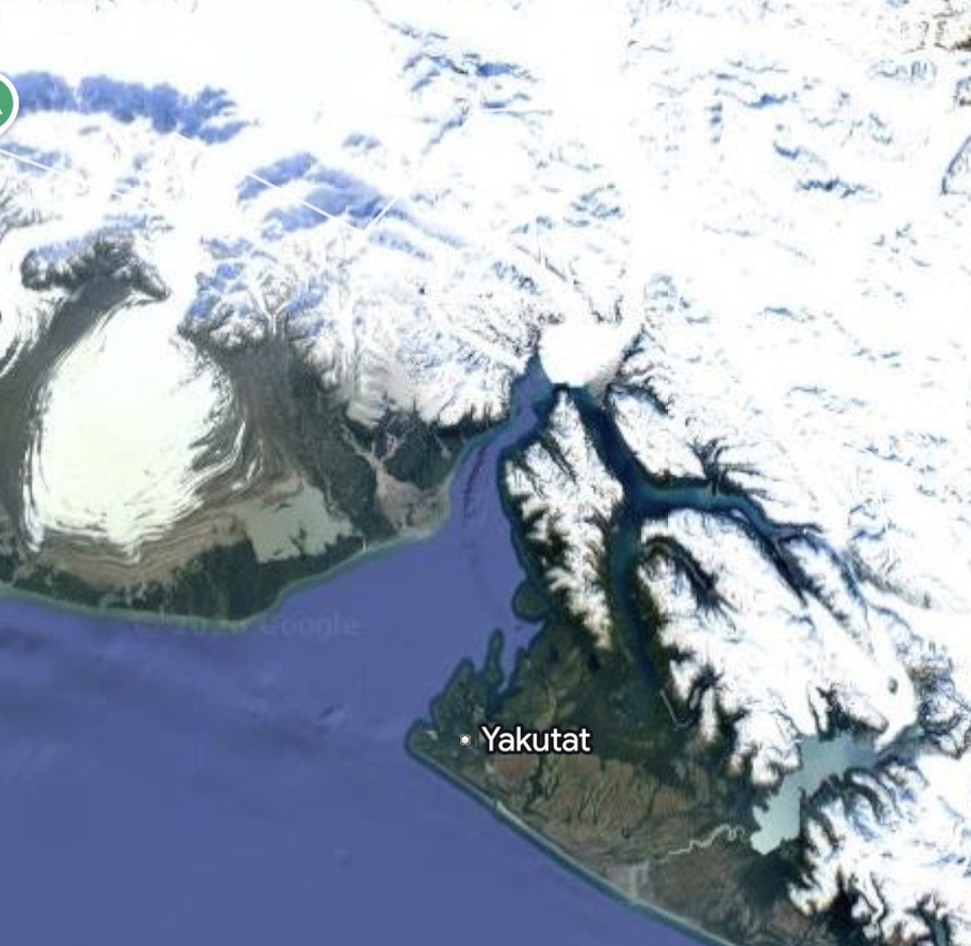 Satellite view of Yakutat, Yakutat Bay, and the surrounding ice